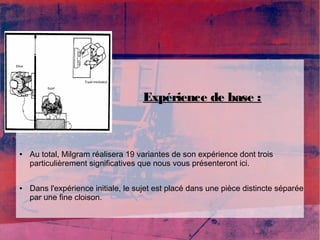 Expérience de base : 
● Au total, Milgram réalisera 19 variantes de son expérience dont trois 
particulièrement significatives que nous vous présenteront ici. 
● Dans l'expérience initiale, le sujet est placé dans une pièce distincte séparée 
par une fine cloison. 
 