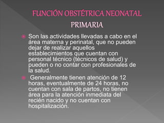  Son las actividades llevadas a cabo en el
área materna y perinatal, que no pueden
dejar de realizar aquellos
establecimientos que cuentan con
personal técnico (técnicos de salud) y
pueden o no contar con profesionales de
la salud.
 Generalmente tienen atención de 12
horas, eventualmente de 24 horas, no
cuentan con sala de partos, no tienen
área para la atención inmediata del
recién nacido y no cuentan con
hospitalización.
 
