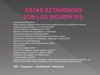  Consulta prenatal básica
 Parto eutócico y atención básica del recién nacido normal o con problemas menores.
 Trabajo de parto distócico o complicado (DER)
 Recién nacido con complicaciones (DER)
 Atención de retención de placenta no complicada
 Retención de placenta complicada (DER)
 Atención de la hipertensión inducida por el embarazo (leve)
 Hipertensión inducida por el embarazo moderada / severa (DER)
 Atención de la hemorragia leve
 Hemorragia severa y shock hipovolémico (DER)
 Sepsis (DER)
 Aborto incompleto (DER)
 Atención del desgarro vaginal grado I y grado II
 Desgarro vaginal grado III y grado IV (DER)
 Reparación de desgarro de cuello uterino
 Cirugía obstétrica (DER)
 Anticoncepción post parto-post aborto: (orientación /consejería, provisión de métodos de
barrera, hormonales orales, inyectables y DIU o referencia para otros métodos).
 DER: Diagnóstico – Estabilización - Referencia
 