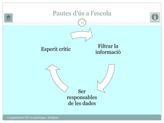 Pautes d’ús a l’escola 
Esperit crític 
Competències TIC en psicologia - Zeitgeist 
11 
Filtrar la 
informació 
Ser 
responsables 
de les dades 
 