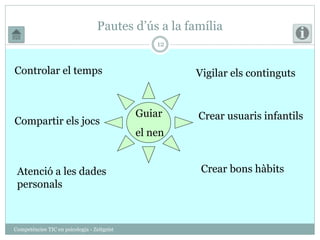 Pautes d’ús a la família 
Competències TIC en psicologia - Zeitgeist 
12 
Controlar el temps Vigilar els continguts 
Compartir els jocs Crear usuaris infantils 
Atenció a les dades 
personals 
Crear bons hàbits 
Guiar 
el nen 
 
