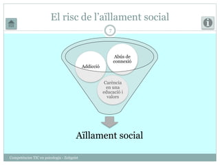 El risc de l’aïllament social 
Abús de 
connexió 
Carència 
en una 
educació i 
valors 
Addicció 
Aïllament social 
Competències TIC en psicologia - Zeitgeist 
7 
 