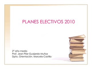 PLANES ELECTIVOS 2010




2° año medio
Prof. Jean Pilar Guajardo Muñoz
Dpto. Orientación. Marcela Castillo
 