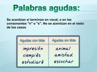Se acentúan si terminan en vocal, o en las
consonantes "n" o "s". No se acentúan en el resto
de los casos.
 