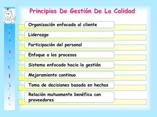 Organización enfocada al cliente
Liderazgo
Participación del personal
Enfoque a los procesos
Sistema enfocado hacia la gestión
Mejoramiento continuo
Toma de decisiones basada en hechos
Relación mutuamente benéfica con
proveedores
 
