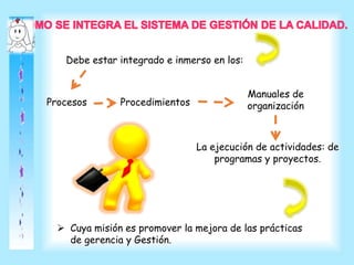 Debe estar integrado e inmerso en los:
Procesos Procedimientos
Manuales de
organización
La ejecución de actividades: de
programas y proyectos.
 Cuya misión es promover la mejora de las prácticas
de gerencia y Gestión.
 