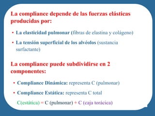 La compliance depende de las fuerzas elásticas
producidas por:
• La elasticidad pulmonar (fibras de elastina y colágeno)
• La tensión superficial de los alvéolos (sustancia
surfactante)
people of French-Canadian/Cajun heritage.
La compliance puede subdividirse en 2
componentes:
• Compliance Dinámica: representa C (pulmonar)
• Compliance Estática: representa C total
C(estática) = C (pulmonar) + C (caja torácica)