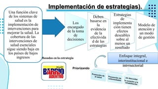 Una función clave
de los sistemas de
salud es la
implementación de
intervenciones para
mejorar la salud. La
cobertura de las
intervenciones de
salud esenciales
sigue siendo baja en
los países de bajos
ingresos
Los
encargado
de la toma
de
decisiones
Deben
basarse en
la
evidencia
de la
efectivida
d de las
estrategias
Estrategias
de
implementa
ción tienen
efectos
deseables
sobre al
menos un
resultado
Modelo de
atención y
un modo
de gestión
Implementación de estrategias).
Enfoque integral,
interinstitucional e
intersectorial
Basadas en la estrategia
Priorizando
 
