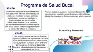 Programa de Salud Bucal
Normar, asesorar, evaluar y controlar el desarrollo de los
componentes estadales y coordinaciones odontológicas
(Misión Barrio Adentro, Red ambulatoria y Misión sonrisa)
Promoción y Prevención
Misión
Disminuir la carga de la morbilidad bucal
en la población, a través de medidas para
establecer, fortalecer y vigilar, políticas,
estrategias y programas estatales e
institucionales, así como evaluar
condiciones de salud bucal y ampliar
equitativamente la atención odontológica
con ética, calidad y eficiencia para mejorar
la calidad de vida de la población.
Visión
Ser un programa de excelencia, líder en
vigilancia, prevención y protección de salud
bucal en el ámbito nacional e internacional,
que cumpla con su misión en un ambiente
de trabajo que fomente el desarrollo
humano y la satisfacción de los usuarios y
prestador de servicios.
 