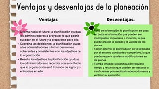 Ventajas y desventajas de la planeación
Ventajas Desventajas:
Orienta hacia el futuro: la planificación ayuda a
los administradores a proyectar lo que podría
suceder en el futuro y a prepararse para ello.
Coordina las decisiones: la planificación ayuda
a los administradores a tomar decisiones
coherentes y consistentes con los objetivos de
la organización.
Resalta los objetivos: la planificación ayuda a
los administradores a recordar con exactitud lo
que la organización está tratando de lograr y a
enfocarse en ello.
Falta de información: la planificación se basa
en datos e información que pueden ser
incompletos, imprecisos o inciertos, lo que
puede afectar la calidad y la validez de los
planes.
Factor externo: la planificación se ve afectada
por el entorno cambiante y competitivo, lo que
puede requerir ajustes o modificaciones en
los planes.
Tiempo limitado: la planificación requiere
tiempo y recursos que pueden ser escasos o
insuficientes para realizarla adecuadamente y
verificar su ejecución.
 