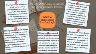 2.2. Las
cinco Ps de
la estrategia
Estrategia como plan: Se refiere a un
curso de acción consciente y
planificado para abordar una situación
específica. Esto implica elaborar la
estrategia antes de su implementación
y tener un propósito claro, como se
observa en ámbitos militares, teoría de
juegos y administración.
1.
2. Estrategia como patrón: Describe un modelo
o patrón de comportamiento que puede ser
intencional o no. Mintzberg distingue entre la
estrategia realizada (acciones concretas
tomadas por la empresa), la estrategia
deliberada (intenciones formuladas y
perseguidas) y la estrategia emergente
(acciones consistentes que no son intenciones
formales).
4. Estrategia como posición: Consiste
en ubicar a la organización en su
entorno, actuando como una fuerza
mediadora entre la organización y su
ambiente, ya sea interno o externo.
Esta perspectiva puede aplicarse en
competencia abierta o en contextos
con múltiples actores.
5. Estrategia como perspectiva: Implica no solo
seleccionar una posición, sino también la
forma en que se percibe el mundo. La
estrategia se convierte en una abstracción
que existe en la mente de las partes
interesadas y puede ser una perspectiva
compartida dentro de la organización.
Ejemplos incluyen organizaciones que
enfatizan la mercadotecnia, la cultura de
ingeniería o la calidad del servicio.
3. Estrategia como pauta de acción: Se
trata de un plan que implica competencia
directa, donde se emplean amenazas y
maniobras para obtener ventajas en un
entorno dinámico. Por ejemplo, una
corporación puede amenazar con
expandir su capacidad de producción
para desalentar a la competencia.
El autor Henry Mintzberg propone una amplia visión
de la estrategia que incluye cinco dimensiones:
 