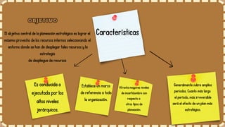 OBJETIVO
El objetivo central de la planeación estratégica es lograr el
máximo provecho de los recursos internos seleccionando el
entorno donde se han de desplegar tales recursos y la
estrategia
de despliegue de recursos
Características
Es conducida o
ejecutada por los
altos niveles
jerárquicos.
Establece un marco
de referencia a toda
la organización.
Afronta mayores niveles
de incertidumbre con
respecto a
otros tipos de
planeación.
Generalmente cubre amplios
períodos. Cuanto más largo
el período, más irreversible
será el efecto de un plan más
estratégico.
 