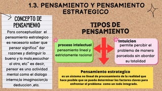 CONCEPTO DE
PENSAMIENtO TIPOS DE
PENSAMIENTO
1.3. PENSAMIENTO Y PENSAMIENTO
ESTRATEGICO
Para conceptualizar el
pensamiento estrategico
es necesario saber que
pensar significa” dar
razones y distinguir lo
bueno y lo malo,escuchar
al otro, etc” es decir,
pensar es una actividad
mental como el dialogo
interno,la imaginacion,la
deduccion ,etc.
proceso intelectual
pensamiento lineal y
estrictamente racional
Intuicion
Pensamiento estrategico
permite percibir el
problema de manera
parcelada sin abordar
su totalidad
es un sistema no lineal de procesamiento de la realidad que
hace posible que se pueda determinar los factores claves para
enfrentar el problema como un todo integrado.
 