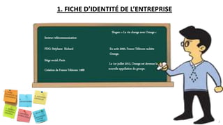 1. FICHE D’IDENTITÉ DE L’ENTREPRISE
PDG: Stéphane Richard
Siège social: Paris
Création de France Télécom: 1988
Slogan: « La vie change avec Orange »
En août 2000, France Télécom rachète
Orange.
Le 1er juillet 2013, Orange est devenue la
nouvelle appellation du groupe.
3
Secteur: télécommunication
 