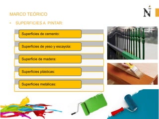 MARCO TEÓRICO
• SUPERFICIES A PINTAR:
Superficies de cemento:
Superficies de yeso y escayola:
Superficie de madera:
Superf...