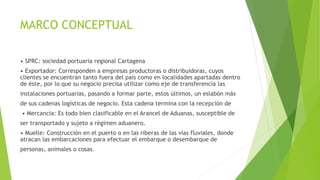 MARCO CONCEPTUAL
• SPRC: sociedad portuaria regional Cartagena
• Exportador: Corresponden a empresas productoras o distribuidoras, cuyos
clientes se encuentran tanto fuera del país como en localidades apartadas dentro
de éste, por lo que su negocio precisa utilizar como eje de transferencia las
instalaciones portuarias, pasando a formar parte, estos últimos, un eslabón más
de sus cadenas logísticas de negocio. Esta cadena termina con la recepción de
• Mercancía: Es todo bien clasificable en el Arancel de Aduanas, susceptible de
ser transportado y sujeto a régimen aduanero.
• Muelle: Construcción en el puerto o en las riberas de las vías fluviales, donde
atracan las embarcaciones para efectuar el embarque o desembarque de
personas, animales o cosas.
 