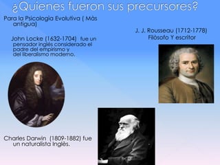 Para la Psicologìa Evolutiva ( Màs
antigua)
John Locke (1632-1704) fue un
pensador inglés considerado el
padre del empirismo y
del liberalismo moderno.
Charles Darwin (1809-1882) fue
un naturalista Inglès.
J. J. Rousseau (1712-1778)
Filòsofo Y escritor
 