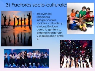  Incluyen las
relaciones
interpersonales,
sociales, culturales y
etnicas. Evaluan
como la gente y su
entorno interactuan
y se relacionan entre
si.
 