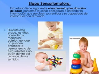 Esta etapa tiene lugar entre el nacimiento y los dos años
de edad, conforme los niños comienzan a entender la
información que perciben sus sentidos y su capacidad de
interactuar con el mundo.
 Durante esta
etapa, los niños
aprenden a
manipular
objetos, aunque
no pueden
entender la
permanencia de
estos objetos si no
están dentro del
alcance de sus
sentidos.
 