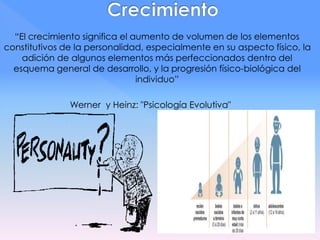 “El crecimiento significa el aumento de volumen de los elementos
constitutivos de la personalidad, especialmente en su aspecto físico, la
adición de algunos elementos más perfeccionados dentro del
esquema general de desarrollo, y la progresión físico-biológica del
individuo”
Werner y Heinz: "Psicología Evolutiva"
 