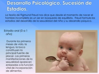 Estadio oral (0 a 1
año)
Durante los primeros
meses de vida, la
lengua, la boca
constituyen la
principal fuente de
placer. Las primeras
manifestaciones de la
sexualidad aparecen
enlazadas a la función
vital de incorporación
de alimentos.
La teoría de Figmund Freud nos dice que desde el momento de nacer el
hombre incompleto es un ser en búsqueda de equilibrio. Freud formula los
estadios del desarrollo de la sexualidad del niño y su desarrollo psiquico.
 