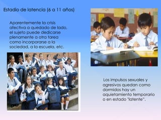 Aparentemente la crisis
afectiva a quedado de lado,
el sujeto puede dedicarse
plenamente a otra tarea
como incorporarse a la
sociedad, a la escuela, etc.
Los impulsos sexuales y
agresivos quedan como
dormidos hay un
aquietamiento temporario
o en estado "latente”.
 