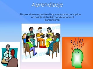 El aprendizaje es posible si hay maduración, e implica
un pasaje del reflejo condicionado al
pensamiento.
 
