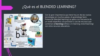 ¿Qué es el BLENDED LEARNING?
Con la gran importancia que tiene hoy en día las nuevas
tecnologías en muchos países, el aprendizaje Semi-
Presencial (blended learning) se aplica con frecuencia de
un modo específico a la provisión o uso de recursos que
combinan e-learning(online) o m-learning (móvil learning)
con otros recursos educativos.
 