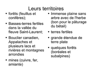 Leurs territoires forêts (feuillus et conifères);  Basses-terres fertiles dans la vallée du fleuve Saint-Laurent;  Bouclier canadien, Appalaches et plusieurs lacs et rivières et montagnes arrondies mines (cuivre, fer, amiante)  Immense plaine sans arbre avec de l'herbe (bon pour le pâturage du bétail) terres fertiles grande étendue de terre plate quelques forêts (boréales et subalpines)  