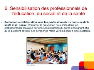 6. Sensibilisation des professionnels de    l’éducation, du social et de la santé Renforcer la collaboration avec les professionnels du domaine de la santé et du social . Renforcer la prévention du suicide dans les établissements scolaires par une sensibilisation du corps enseignant afin qu’ils puissent devenir des personnes relais vers les lieux d’aide existants. Source: Google 