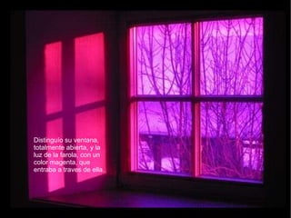 Distinguío su ventana, totalmente abierta, y la luz de la farola, con un color magenta, que entraba a traves de ella. 