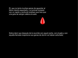 Él, que no tenía muchas ganas de aguantar al felino intentó espantarlo, y el animal contestó con un rapido y profundo arañazo que hizo que una gota de sangre callera al suelo. Sobra decir que después de lo ocurrido con aquel coche, con el gato y con aquella llamada inoportuna sus ganas de dormir se habian esfumado 