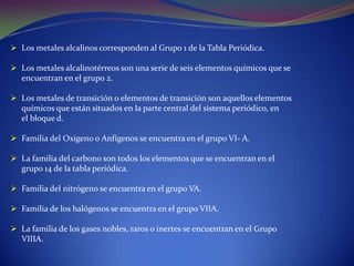  Los metales alcalinos corresponden al Grupo 1 de la Tabla Periódica.

 Los metales alcalinotérreos son una serie de seis elementos químicos que se
  encuentran en el grupo 2.

 Los metales de transición o elementos de transición son aquellos elementos
  químicos que están situados en la parte central del sistema periódico, en
  el bloque d.

 Familia del Oxigeno o Anfígenos se encuentra en el grupo VI- A.

 La familia del carbono son todos los elementos que se encuentran en el
  grupo 14 de la tabla periódica.

 Familia del nitrógeno se encuentra en el grupo VA.

 Familia de los halógenos se encuentra en el grupo VIIA.

 La familia de los gases nobles, raros o inertes se encuentran en el Grupo
  VIIIA.
 