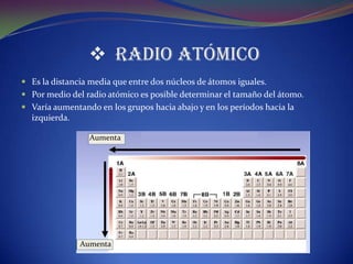  Radio Atómico
 Es la distancia media que entre dos núcleos de átomos iguales.
 Por medio del radio atómico es posible determinar el tamaño del átomo.
 Varía aumentando en los grupos hacia abajo y en los períodos hacia la
  izquierda.

                 Aumenta




               Aumenta
 
