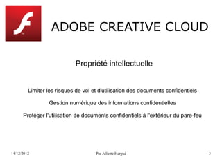 ADOBE CREATIVE CLOUD

                             Propriété intellectuelle


         Limiter les risques de vol et d'utilisation des documents confidentiels

                 Gestion numérique des informations confidentielles

      Protéger l'utilisation de documents confidentiels à l'extérieur du pare-feu




14/12/2012                           Par Juliette Hergué                            3
 