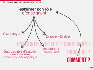 E N S E I G N E R AV E C L E S T E C H N O L O G I E S ? / /



                     Réafﬁrmer son rôle
                       d’enseignant



Être critique
                                                               Essayer / Evaluer

          Enseigner avec les technologies :
                        Accepter un
 Seul capable d’assurer
     une (nouvelle)
                        «autre rôle»
                                     Pourquoi ?
cohérence pédagogique
                                     Comment ?
                                                                                   34
 