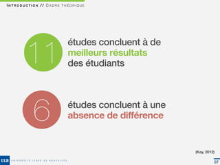 INTRODUCTION // CADRE THÉORIQUE




       11
                        études concluent à de
                        meilleurs résultats
                        des étudiants




          6             études concluent à une
                        absence de différence


                                                 (Kay, 2012)

                                                           07
 