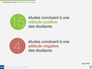 INTRODUCTION // CADRE THÉORIQUE




       15
                        études concluent à une
                        attitude positive
                        des étudiants




          4
                        études concluent à une
                        attitude négative
                        des étudiants


                                                 (Kay, 2012)

                                                           08
 
