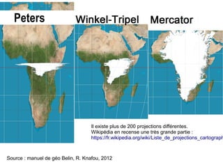 Source : manuel de géo Belin, R. Knafou, 2012
Il existe plus de 200 projections différentes.
Wikipédia en recense une très grande partie :
https://fr.wikipedia.org/wiki/Liste_de_projections_cartograph
Peters
 