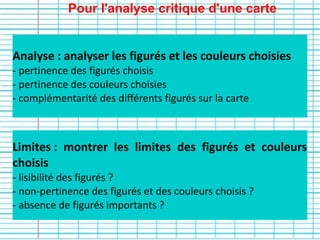 Pour l'analyse critique d'une carte
Limites : montrer les limites des figurés et couleurs
choisis
- lisibilité des figurés ?
- non-pertinence des figurés et des couleurs choisis ?
- absence de figurés importants ?
Analyse : analyser les figurés et les couleurs choisies
- pertinence des figurés choisis
- pertinence des couleurs choisies
- complémentarité des différents figurés sur la carte
 