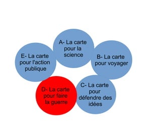A- La carte
pour la
science B- La carte
pour voyager
C- La carte
pour
défendre des
idées
D- La carte
pour faire
la guerre
E- La carte
pour l'action
publique
 