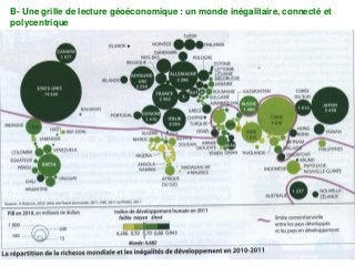 B- Une grille de lecture géoéconomique : un monde inégalitaire, connecté et
polycentrique
 