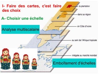 I- Faire des cartes, c'est faire
des choix
A- Choisir une échelle
Analyse multiscalaire
Emboîtement d'échelles
 