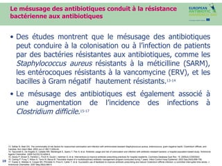 Le mésusage des antibiotiques conduit à la résistance bactérienne aux antibiotiques Des études montrent que le mésusage des antibiotiques peut conduire à la colonisation ou à l’infection de patients par des bactéries résistantes aux antibiotiques, comme les  Staphylococcus aureus  résistants à la méticilline (SARM), les entérocoques résistants à la vancomycine (ERV), et les bacilles à Gram négatif  hautement résistants. 13-14   Le mésusage des antibiotiques est également associé à une augmentation de l’incidence des infections à  Clostridium difficile . 15-17 13. Safdar N, Maki DG. The commonality of risk factors for nosocomial colonization and infection with antimicrobial-resistant Staphylococcus aureus, enterococcus, gram-negative bacilli, Clostridium difficile, and Candida. Ann Intern Med. 2002 Jun 4;136(11):834-44. 14. Tacconelli E, De Angelis G, Cataldo MA, Mantengoli E, Spanu T, Pan A, et al. Antibiotic usage and risk of colonization and infection with antibiotic-resistant bacteria: a hospital population-based study. Antimicrob Agents Chemother. 2009 Oct;53(10):4264-9. 15. Davey P, Brown E, Fenelon L, Finch R, Gould I, Hartman G, et al. Interventions to improve antibiotic prescribing practices for hospital inpatients.  Cochrane Database Syst Rev. 15. 2005(4):CD003543. 16.  Carling P, Fung T, Killion A, Terrin N, Barza M. Favorable impact of a multidisciplinary antibiotic management program conducted during 7 years. Infect Control Hosp Epidemiol. 2003 Sep;24(9):699-706. 17. Fowler S, Webber A, Cooper BS, Phimister A, Price K, Carter Y, et al. Successful use of feedback to improve antibiotic prescribing and reduce Clostridium difficile infection: a controlled interrupted time series. J Antimicrob Chemother. 2007 May;59(5):990-5. 