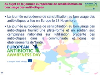 Au sujet de la journée européenne de sensibilisation au bon usage des antibiotiques La journée européenne de sensibilisation au bon usage des antibiotiques a lieu en Europe le 18 Novembre. La journée européenne de sensibilisation au bon usage des antibiotiques fournit une plate-forme et un soutien aux campagnes nationales sur l’utilisation prudente des antibiotiques dans la communauté et dans les établissements de santé. 