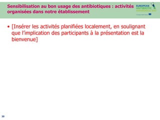 Sensibilisation au bon usage des antibiotiques : activités organisées dans notre établissement [Insérer les activités planifiées localement, en soulignant que l’implication des participants à la présentation est la bienvenue] 