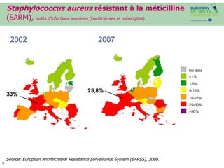 Staphylococcus aureus  résistant à la méticilline  (SARM),   isolés d’infections invasives (bactériémies et méningites) 2002 2007 Source:  European Antimicrobial Resistance Surveillance System (EARSS), 2008. 33% 25,8% No data <1% 1-5% 5-10% 10-25% 25-50% >50% 