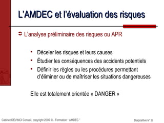 Cabinet DEVINCI Conseil, copyright 2005 © - Formation “ AMDEC ” Diapositive N° 39Diapositive N° 39
L’AMDEC et l’évaluation des risquesL’AMDEC et l’évaluation des risques
 L’analyse préliminaire des risques ou APR
 Déceler les risques et leurs causes
 Étudier les conséquences des accidents potentiels
 Définir les règles ou les procédures permettant
d’éliminer ou de maîtriser les situations dangereuses
Elle est totalement orientée « DANGER »
 