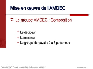 Cabinet DEVINCI Conseil, copyright 2005 © - Formation “ AMDEC ” Diapositive N° 8Diapositive N° 8
Mise en œuvre de l’AMDECMise en œuvre de l’AMDEC
 Le groupe AMDEC : Composition
 Le décideur
 L’animateur
 Le groupe de travail : 2 à 5 personnes
 