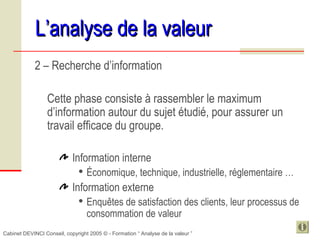 Cabinet DEVINCI Conseil, copyright 2005 © - Formation “ Analyse de la valeur ”
L’analyse de la valeurL’analyse de la valeur
2 – Recherche d’information
Cette phase consiste à rassembler le maximum
d’information autour du sujet étudié, pour assurer un
travail efficace du groupe.
Information interne
 Économique, technique, industrielle, réglementaire …
Information externe
 Enquêtes de satisfaction des clients, leur processus de
consommation de valeur
 